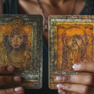 african american woman holding one card in each hand out in front of her