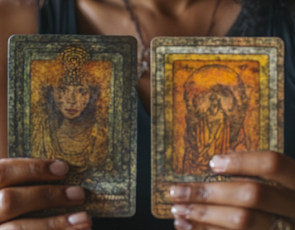 african american woman holding one card in each hand out in front of her