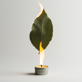 bay laurel leaf on fire floating above a tealight candle