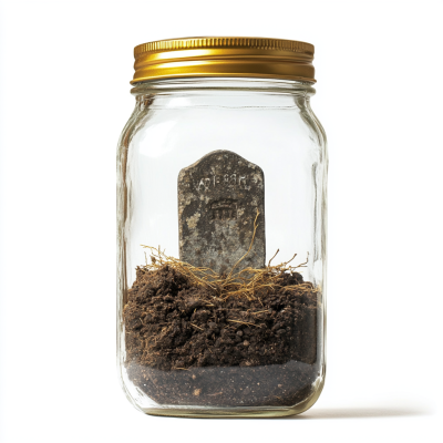 An old gravestone sitting on a mound of dirt in a clear glass mason jar