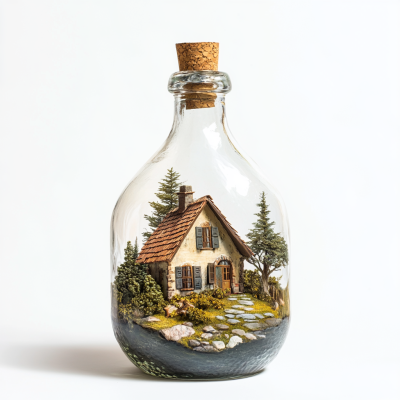 Cozy cottage house in a bottle with cork stopper