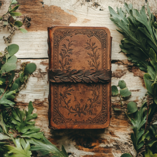 brown journal on table surrounded by green foliage